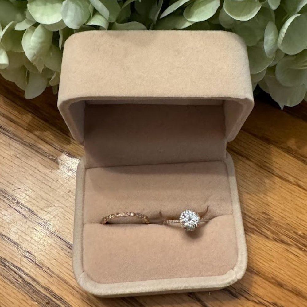 Rose Gold Moissanite Wedding Band and Engagement Ring Set